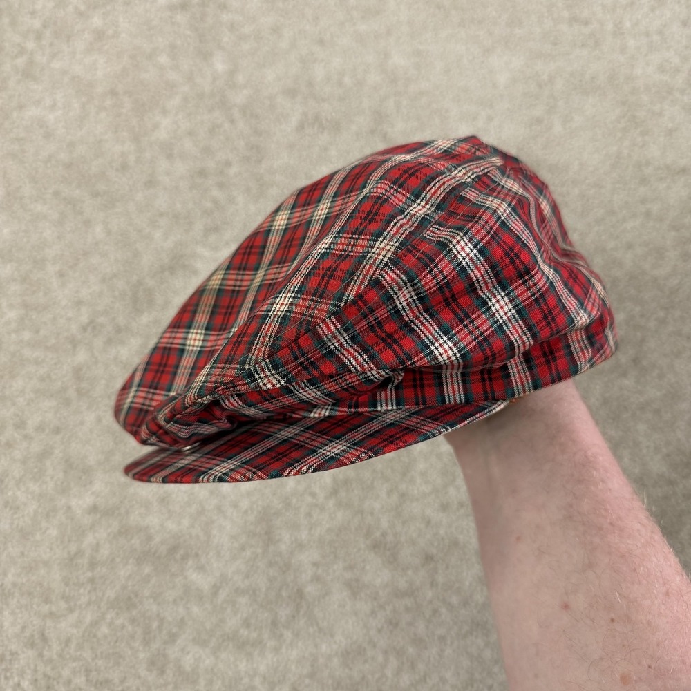 Vintage Campus Hat Cap Mens One Size Red Plaid Cotton Leather Newsboy Lined